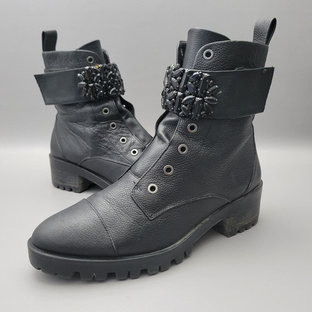 Karl Lagerfeld Paris Pippa Jeweled Black Strap Leather Combat Booties Size 9.5